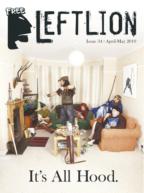The cover of LeftLion issue 34 "It's All Hood" featuring Robin Hood and the Merry Men at Home in Sherwood playing Wii